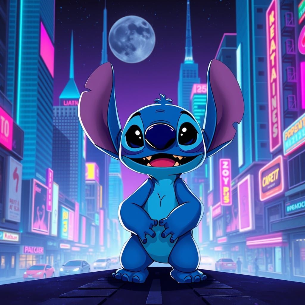 Blue Alien in Retro Futuristic Cityscape