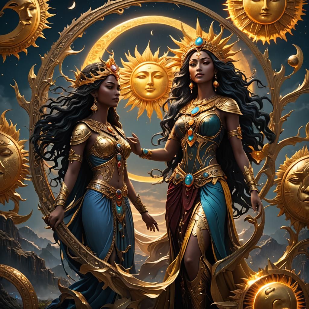 Sun and Moon Goddesses in Detailed Matte Painting