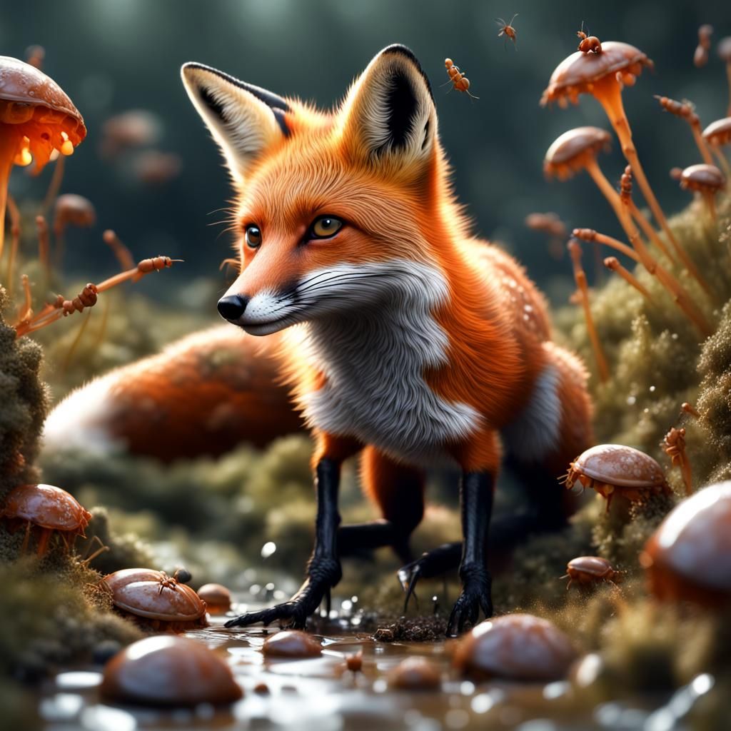 Hyperrealistic Fox Made of Crabs and Ants