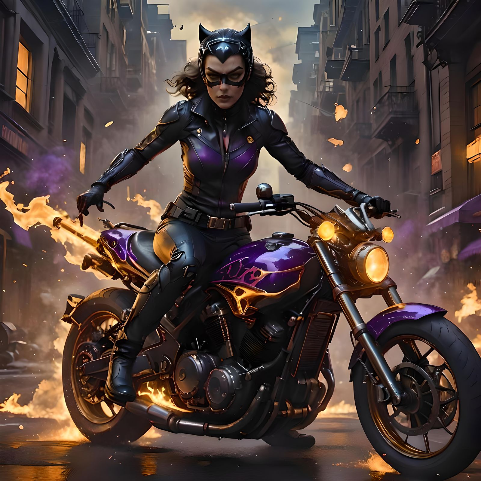 Catwoman on Motorcycle in Dark Fantasy Art