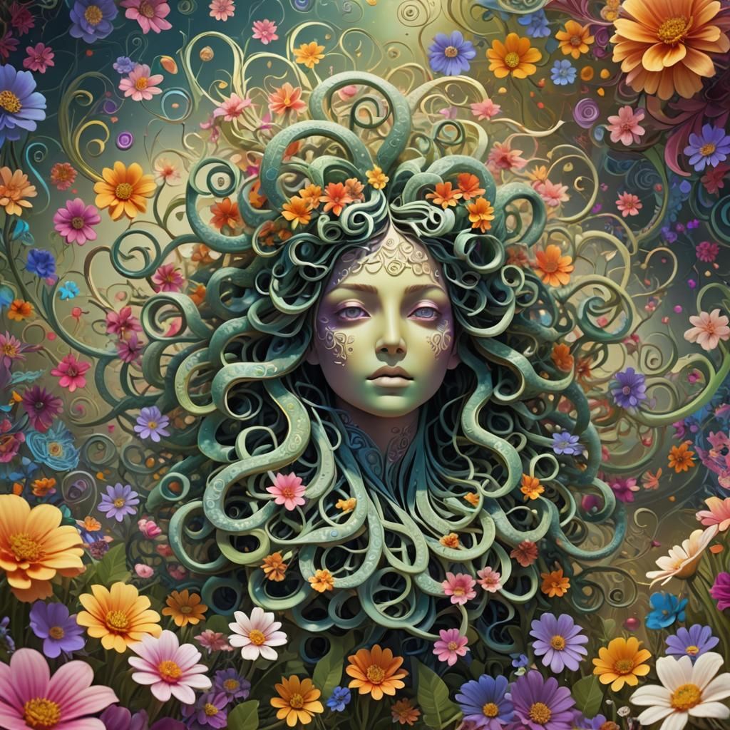 Abstract Fractal Art: Medusa in a Flower Field