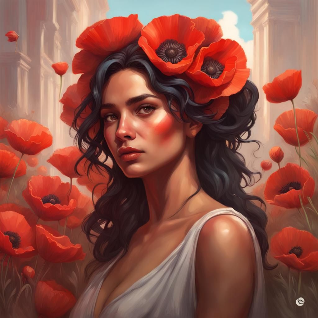 Latina Woman with Poppies: Hyperdetailed Portrait