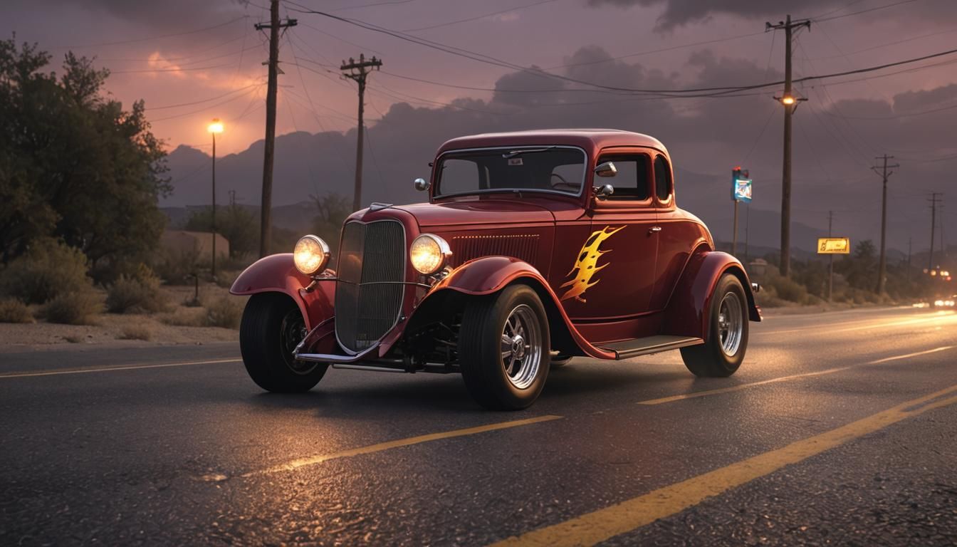 ZZ Top Ford Coupe on Dimly Lit Road