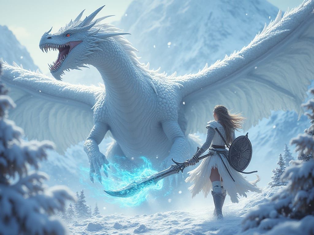 Realistic Fantasy Snow Dragon Battles Brave Warrior in Majes...