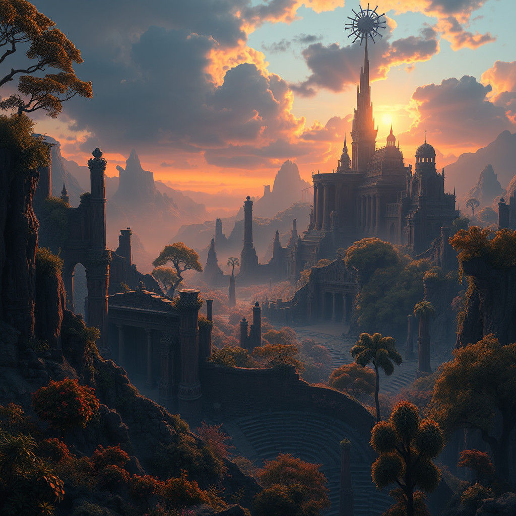 Mystical Fantasy Realm: Ancient Ruins and Vibrant Foliage