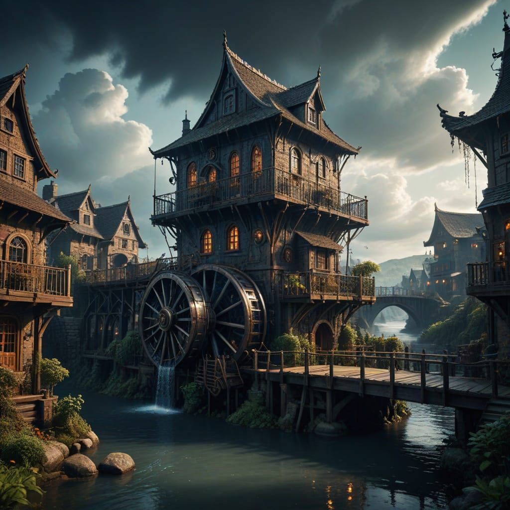 Steampunk Waterwheel Powers Celestial Village