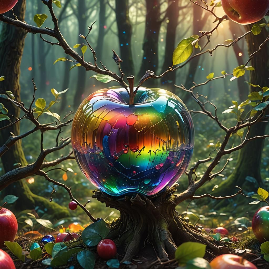 Rainbow Glass Apple in Mystical Forest