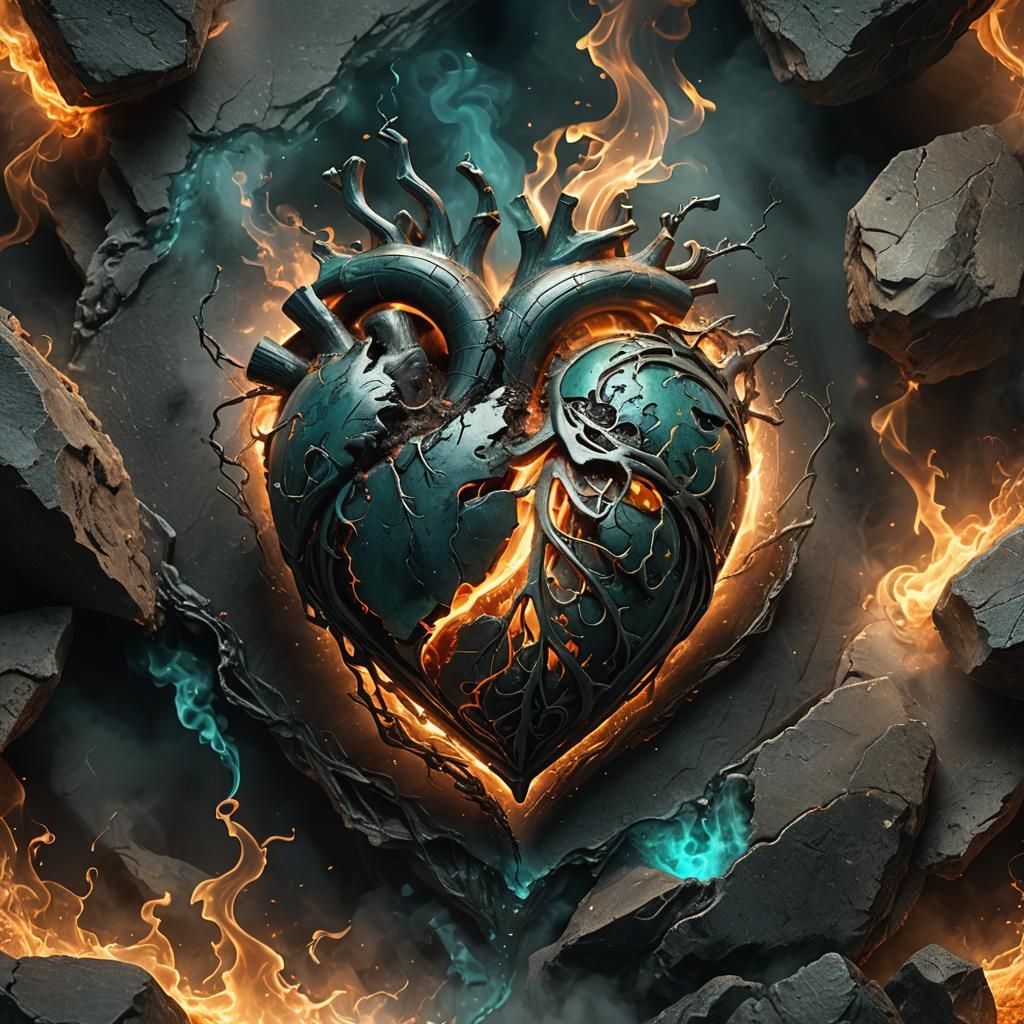Worn Heart Surrounded by Smoke in Fantasy Art Style