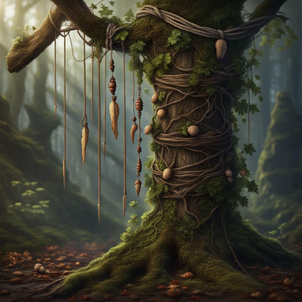 Fantastical Walking Stick with Acorns and Feathers