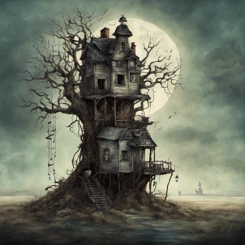 Surreal Treehouse Illustration in Sinister Storybook Style