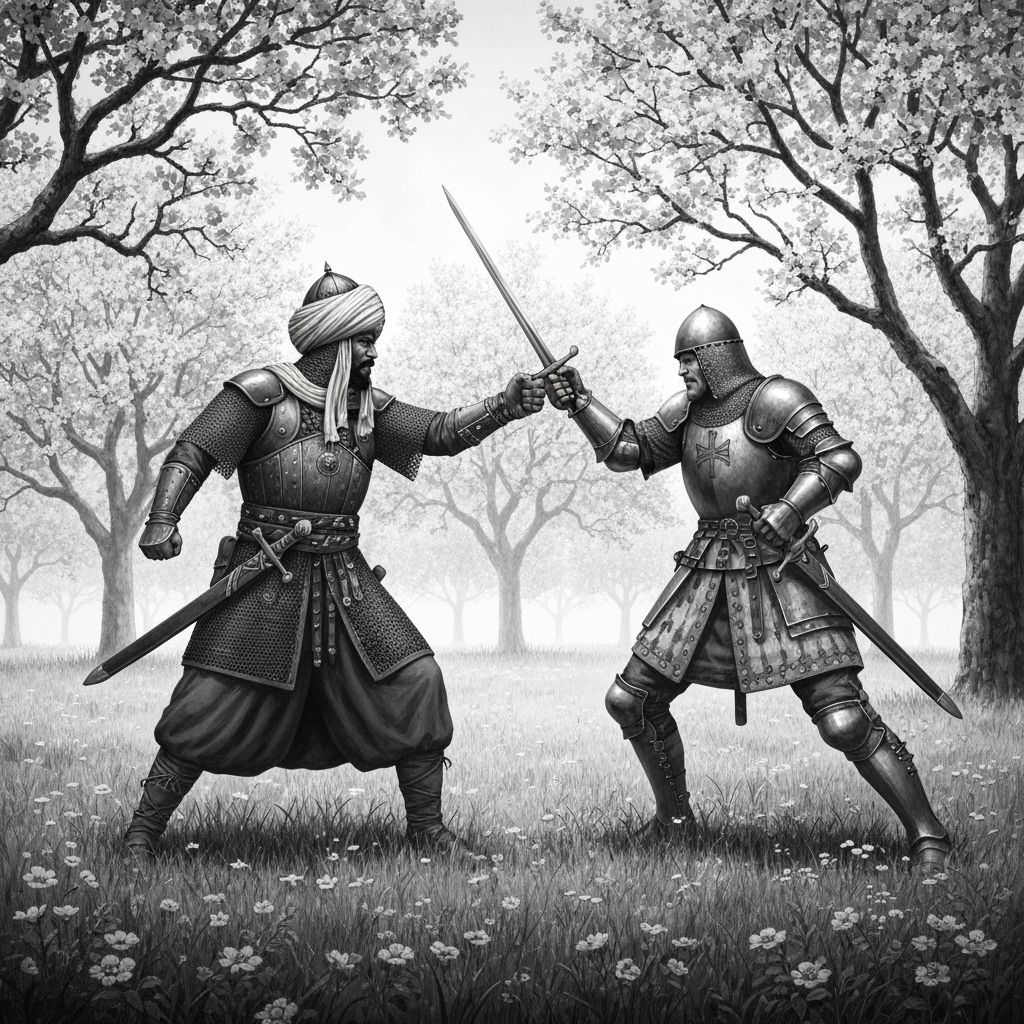 Medieval Muslim Warrior vs Crusader in Orchard