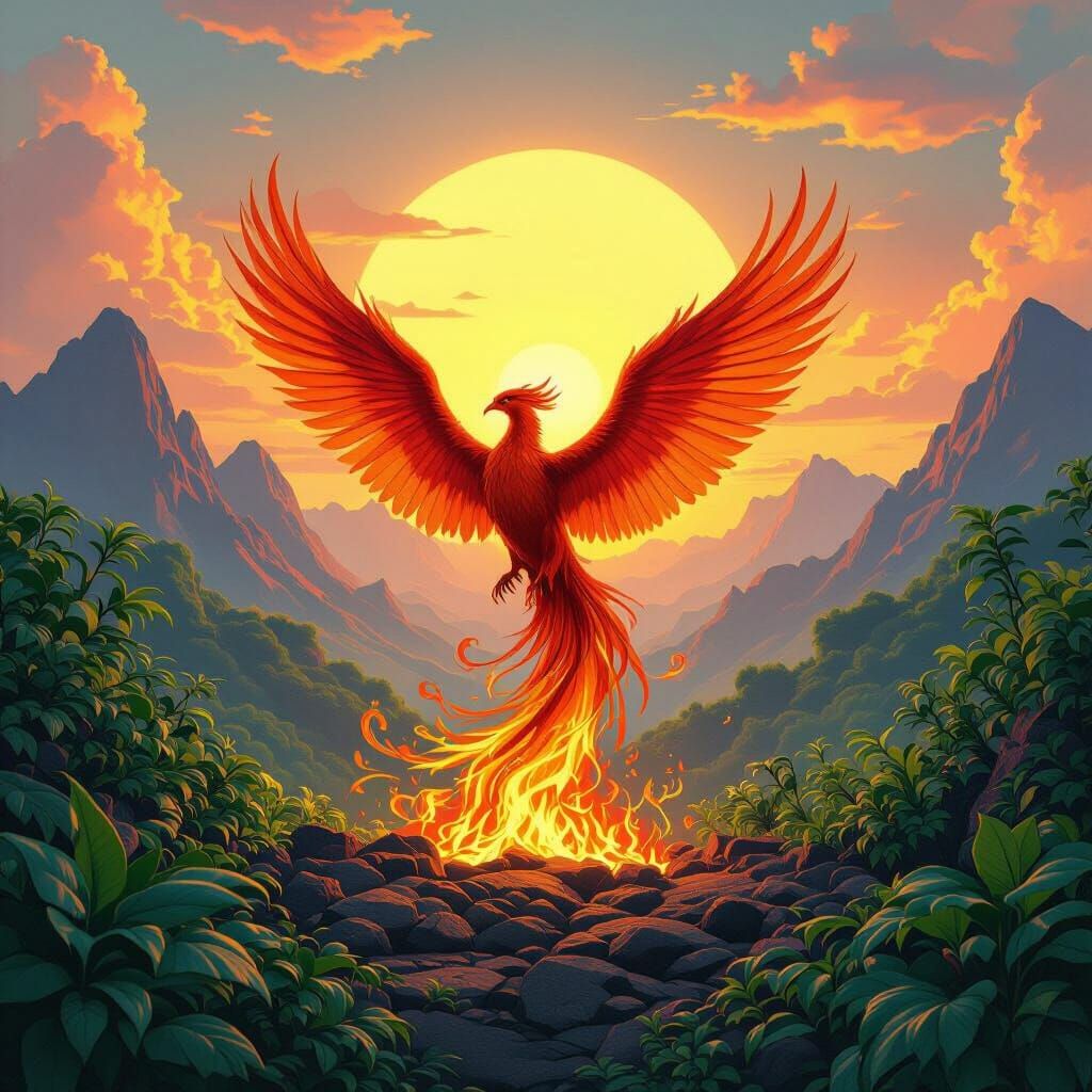 Phoenix Rising in a Surreal Landscape: Moebius Style