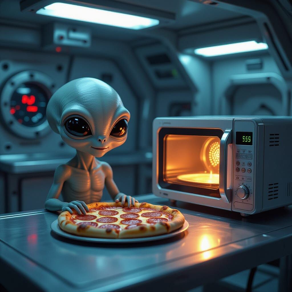 Alien Discovers Pizza Pocket in Retro-Futuristic Spaceship