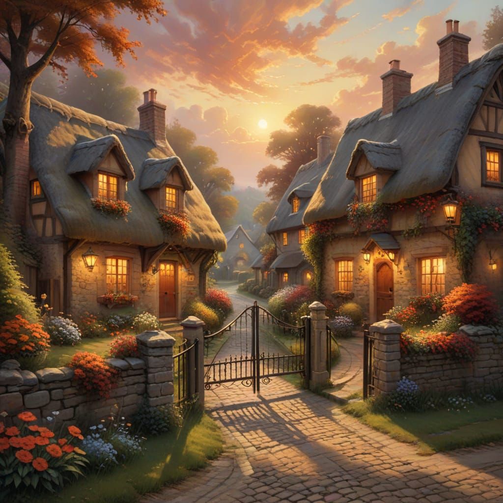 Idyllic English Village Street at Sunset, Thatched Cottages ...