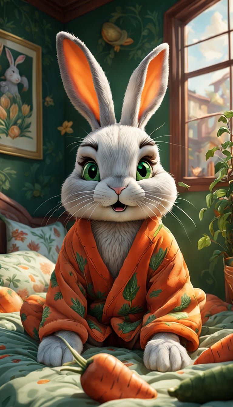 Sleepy Bunny Wakes Up in Whimsical Carrot Bed