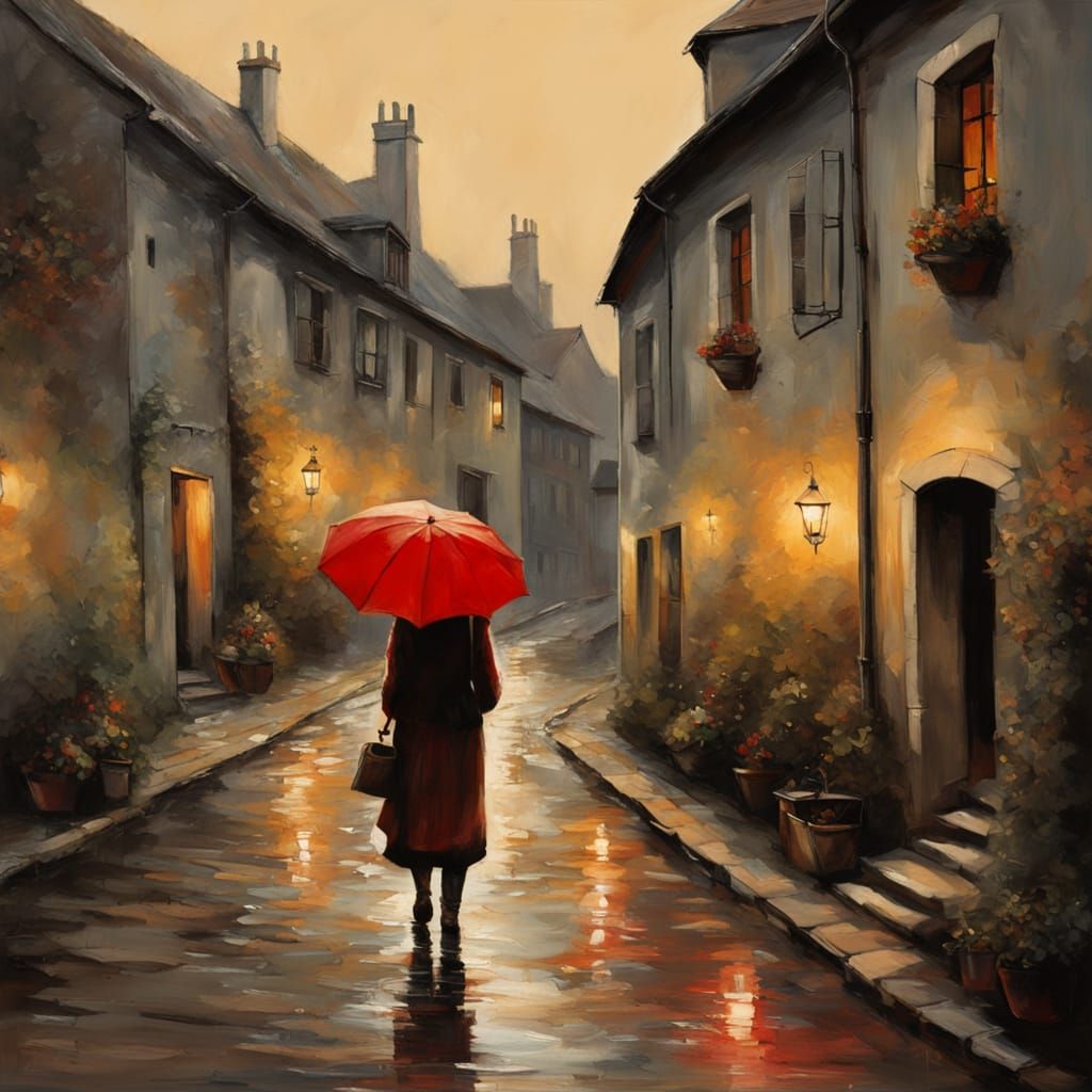 French Village at Night in Old Master Painting Style