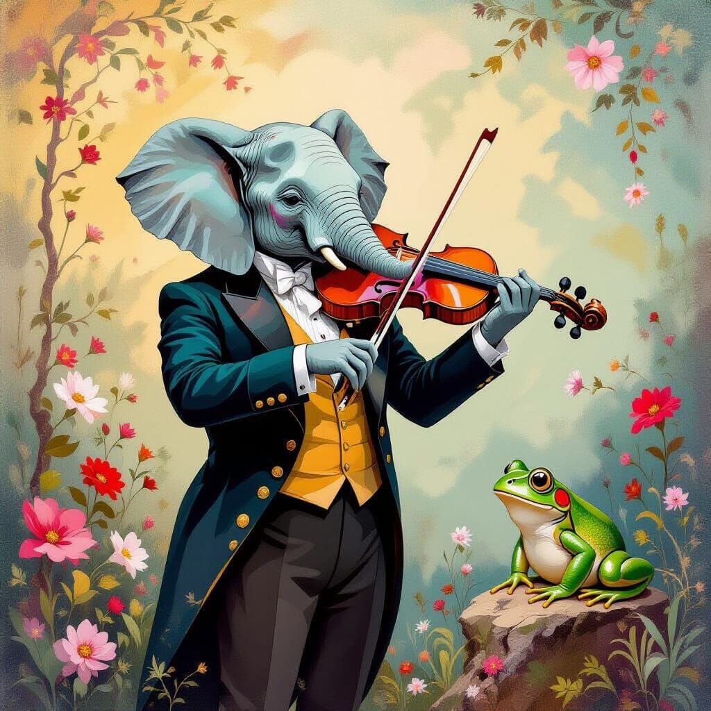 Elephant Violinist at Frog Concert in Elegant Tailcoat