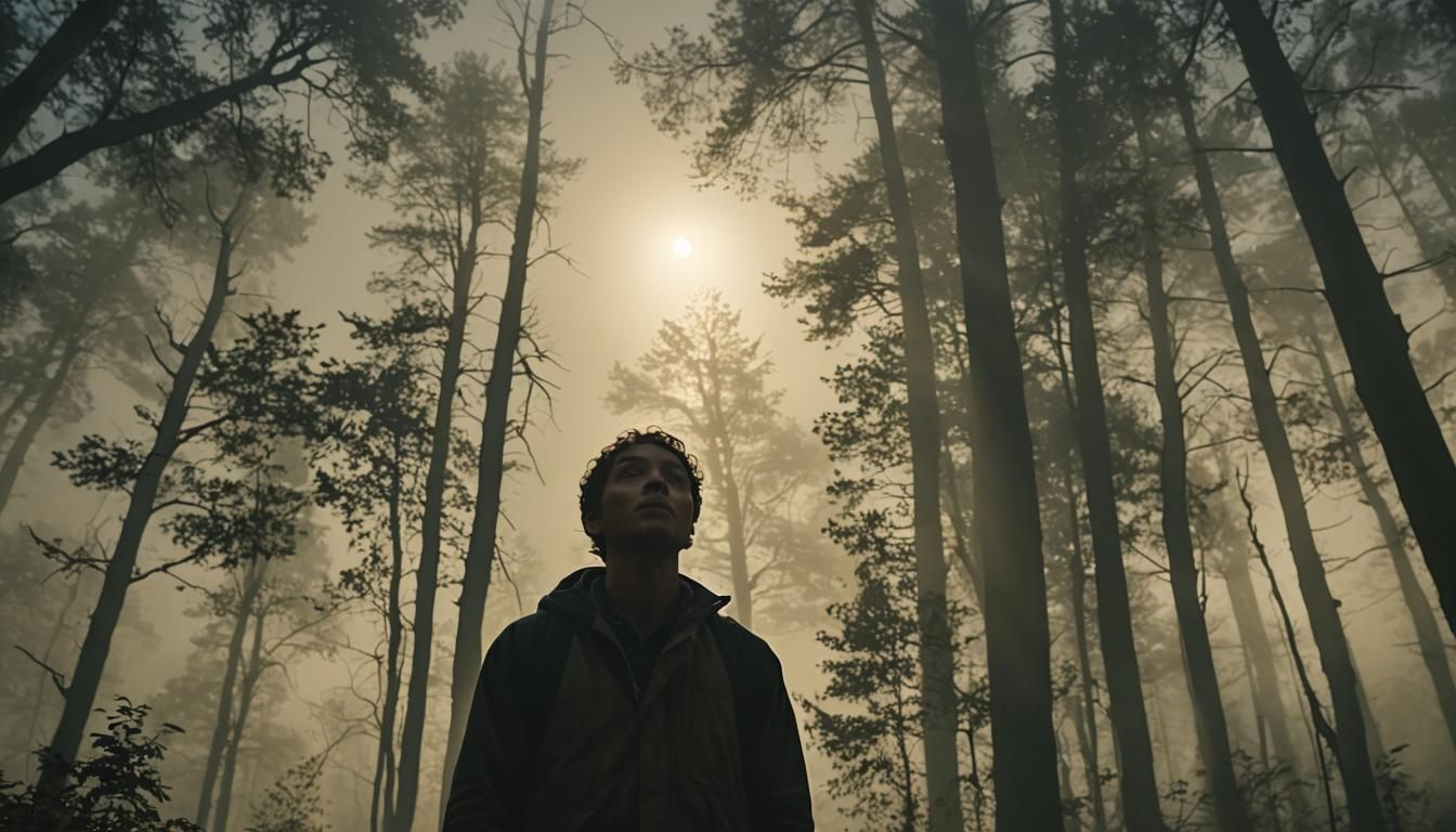 Mysterious Figure in Misty Forest: Cinematic Film Still