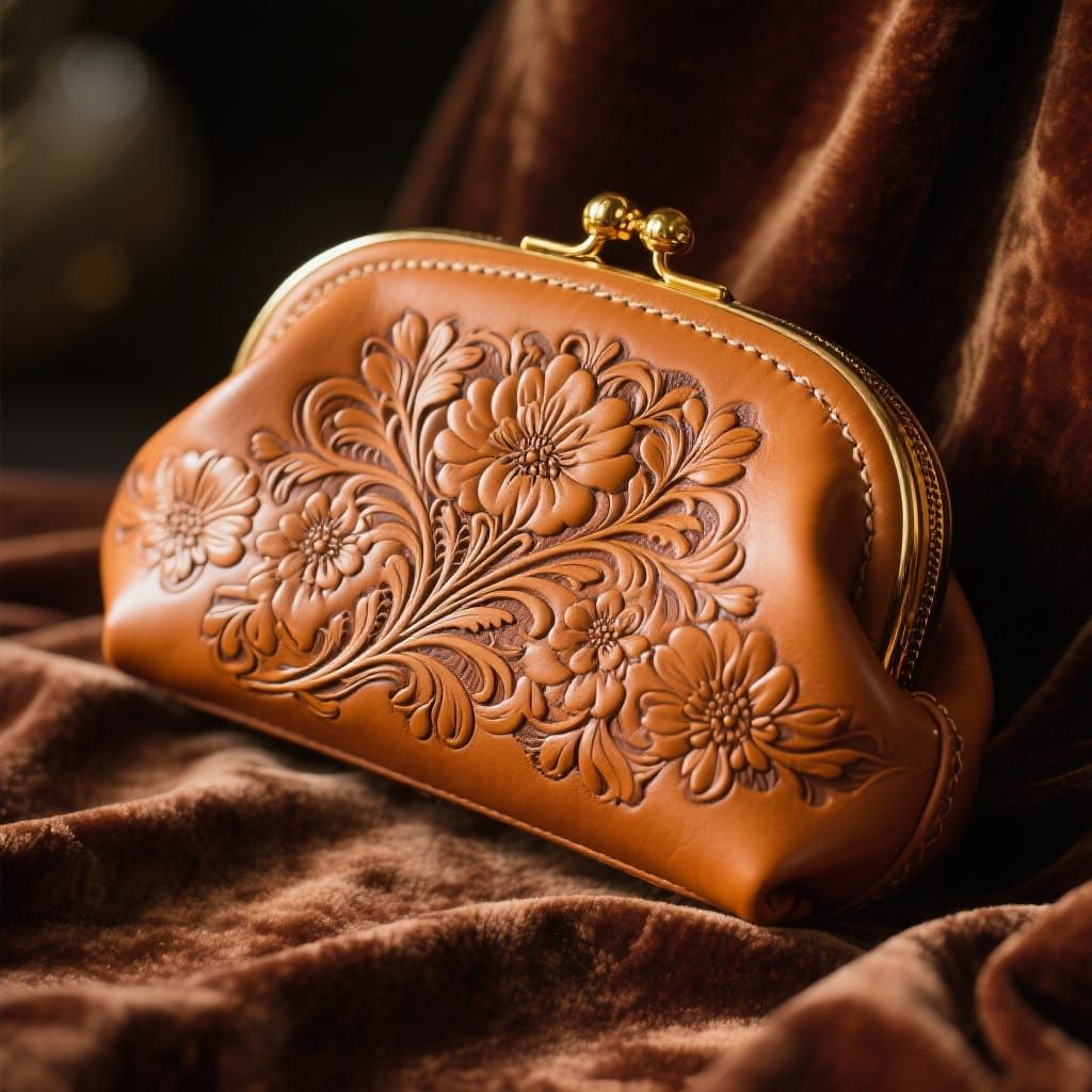 Elegant Art Nouveau Leather Purse on Velvet