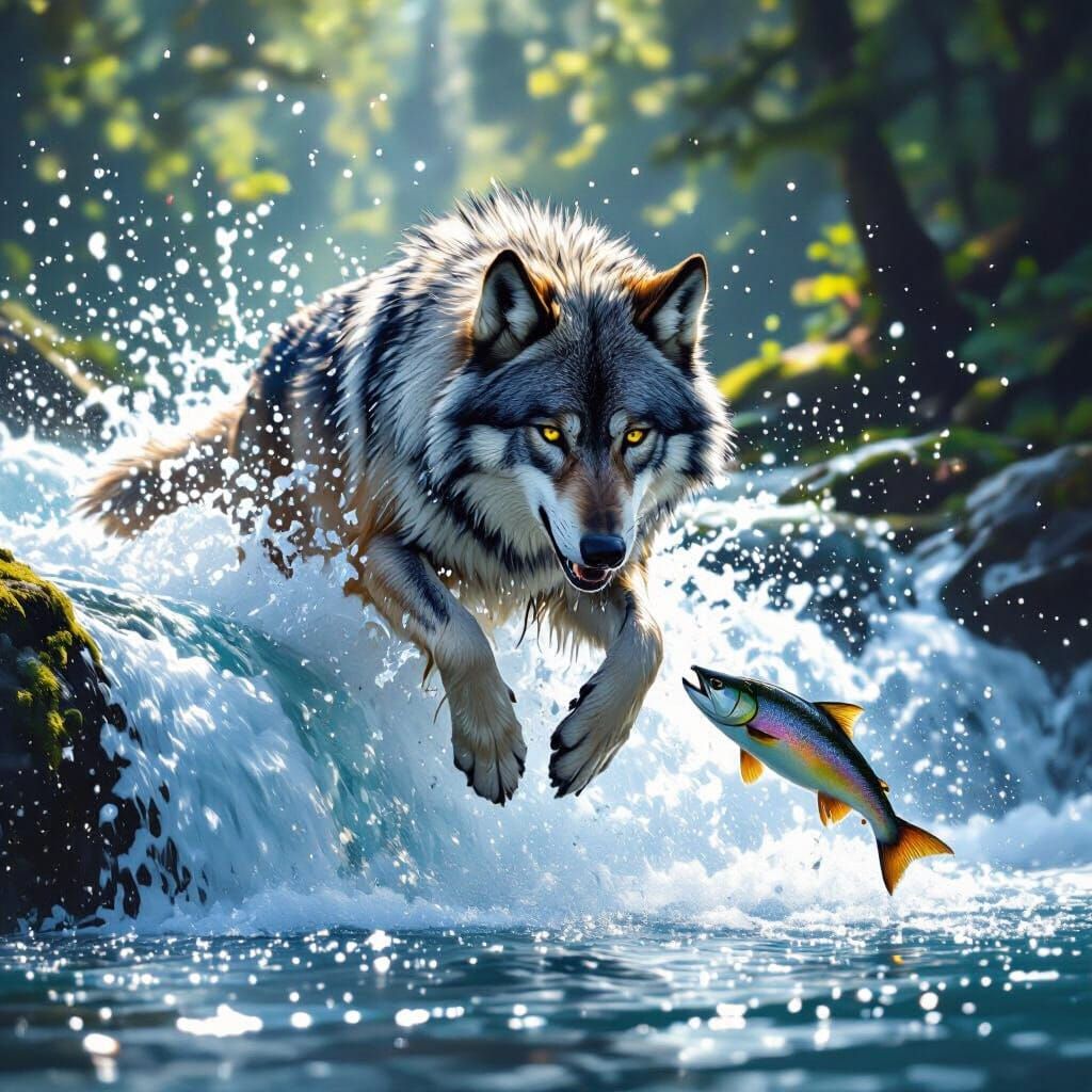 Wolf Jumps Through Waterfall Catching Salmon in Hyperrealist...