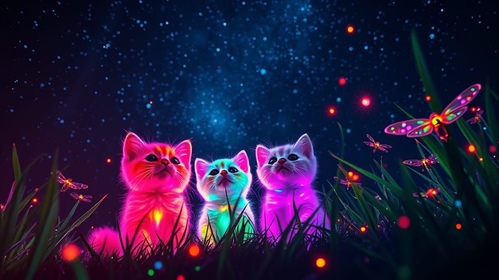 Celestial Wonder: Glowing Kittens Amidst Cosmic Dreamscape