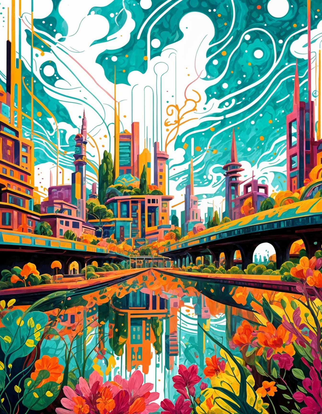 Ecofuturistic Cityscape in Cosmic Expressionism Style