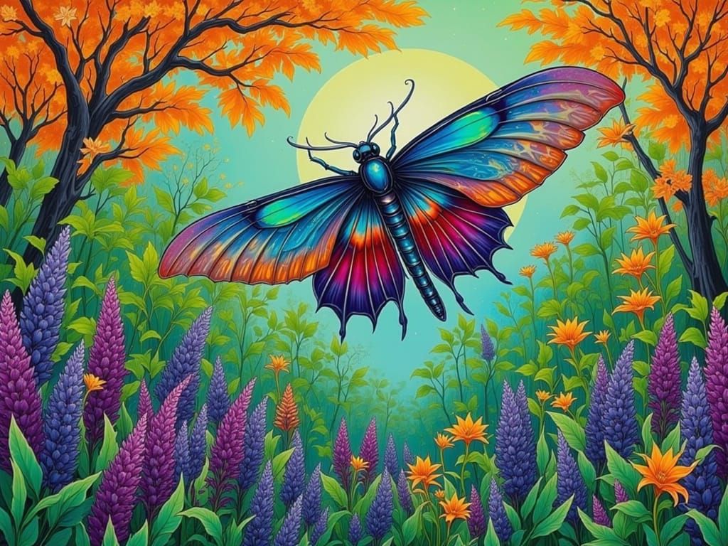 Giant Moth-Dragonfly Over Alien Forest in Junji Ito Style