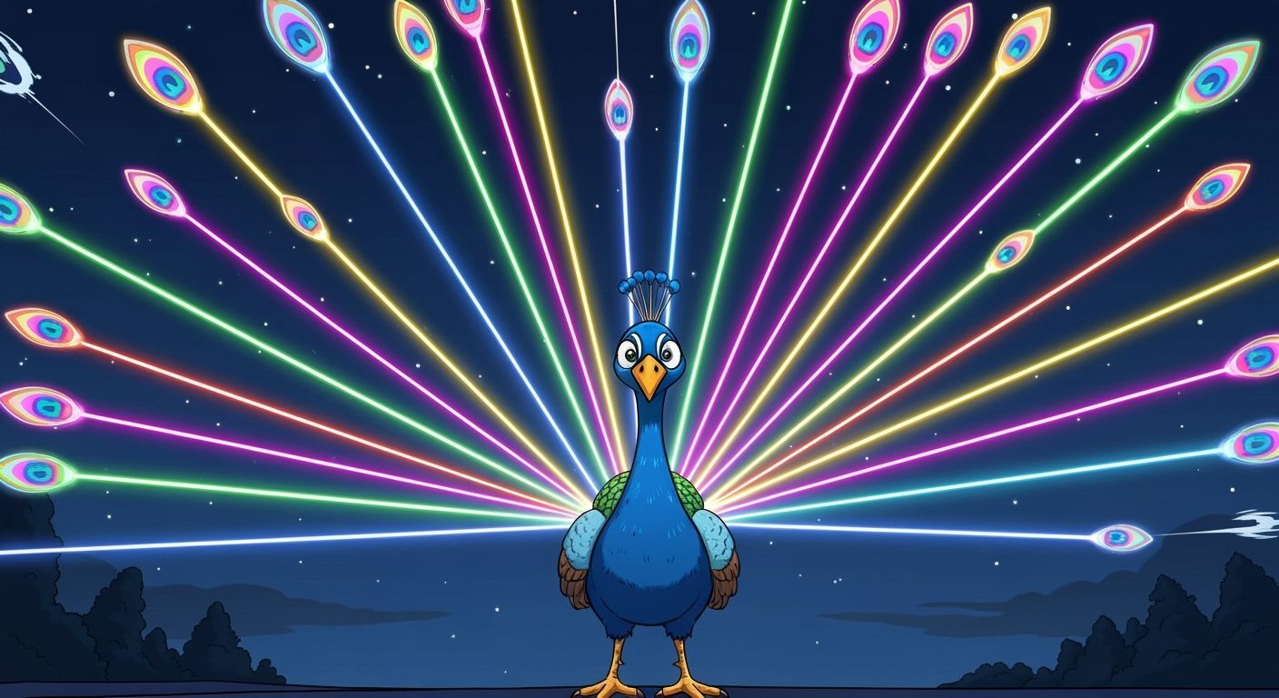 Cartoon Peacock with Laser Beam Tail in Comic-Book Style