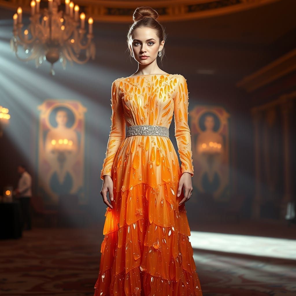 Elegant Woman in Crystal Stalactite Gown with Vibrant Orange...
