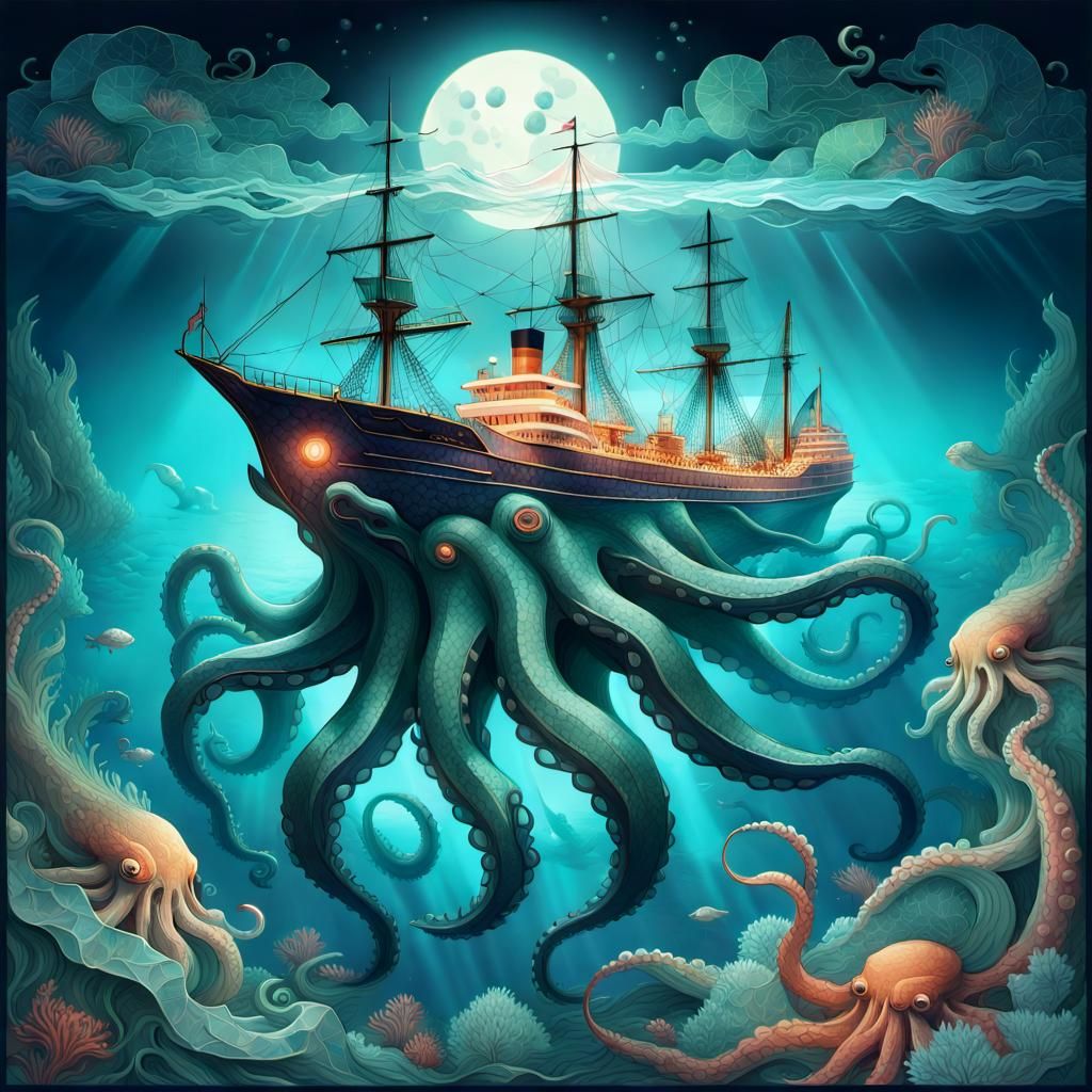 Kraken Lurking Below, Surreal Mosaic Illustration