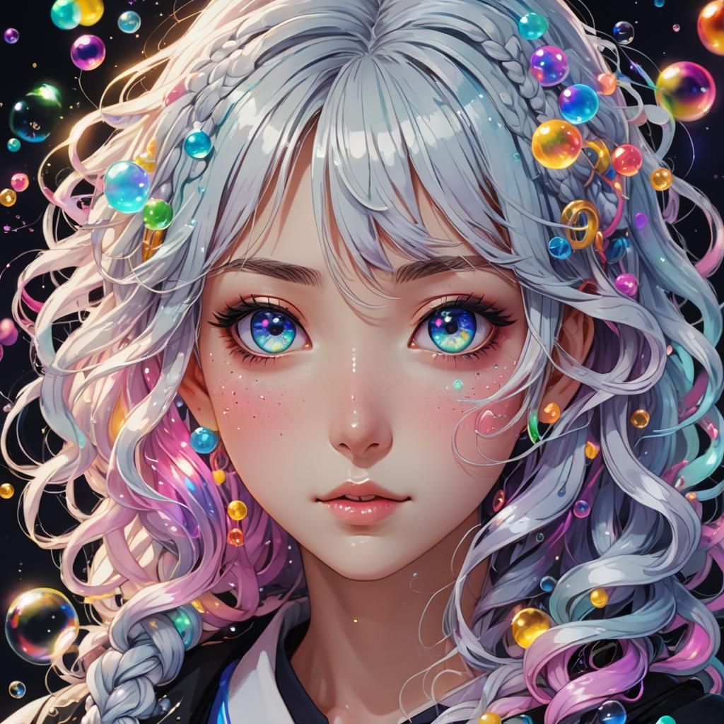 Anime Girl with Rainbow Hair in Saito Kazuki Style