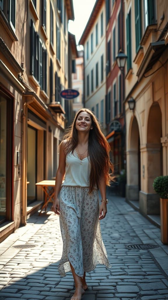 Barefoot on cobblestones.