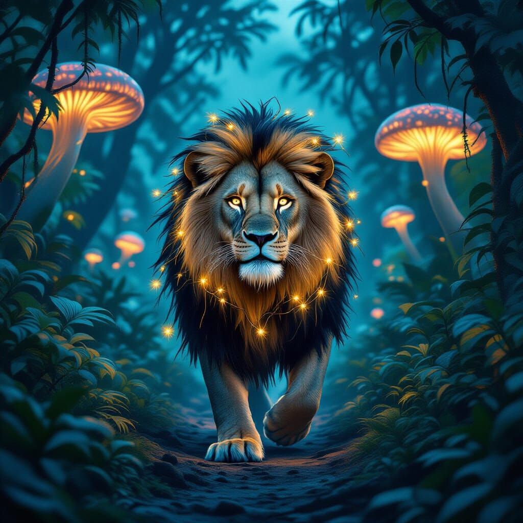 Bioluminescent Lion in Alien Jungle