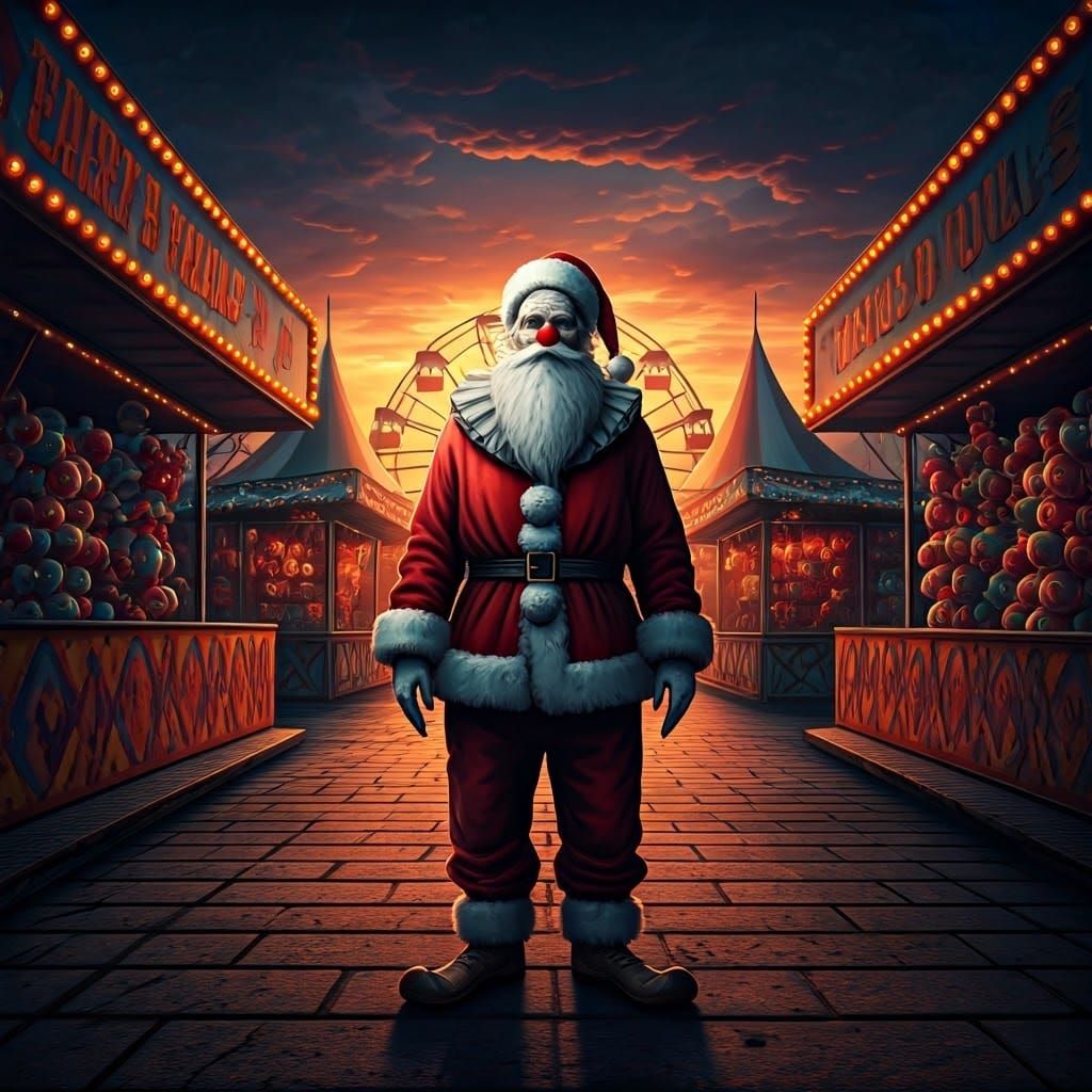 Abandoned Carnival Nightmare: Twisted Santa Clown at Dusk