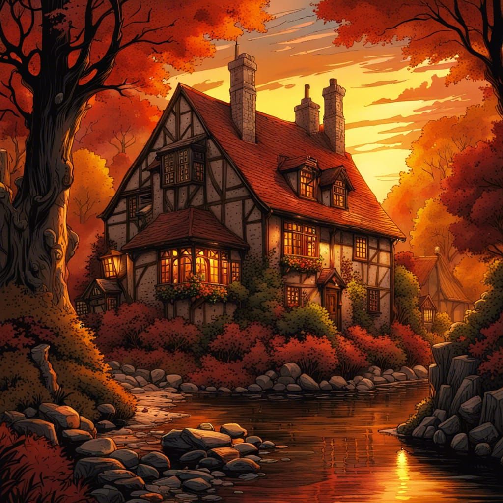 Gothic Cottagecore Village in Autumnal Forest