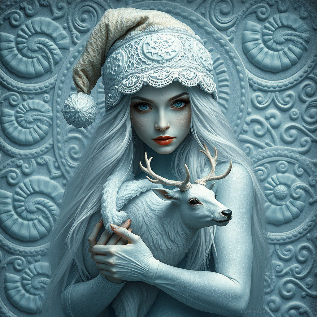 Icy Woman with Reindeer in Digital Painting Style
