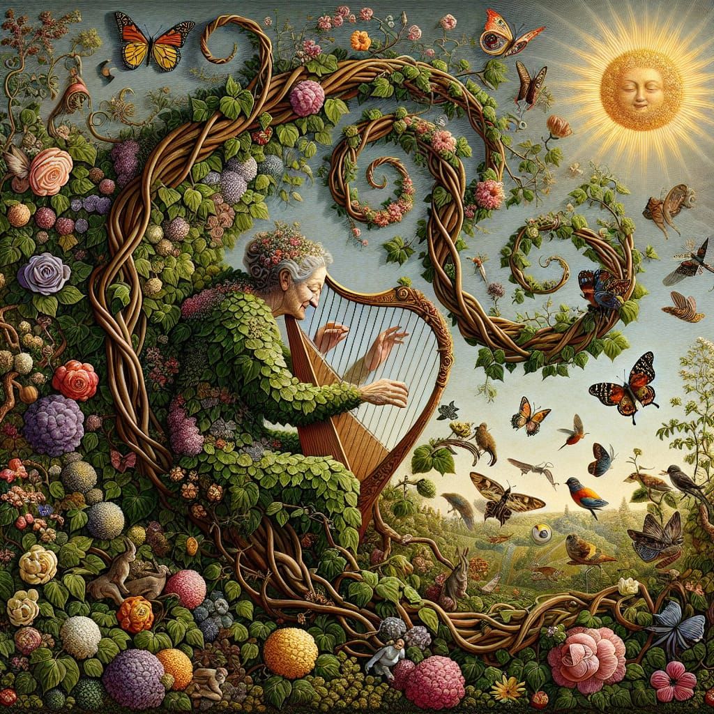 Ethereal Floral Goddess Plays the Harp in Vibrant Summer Sce...