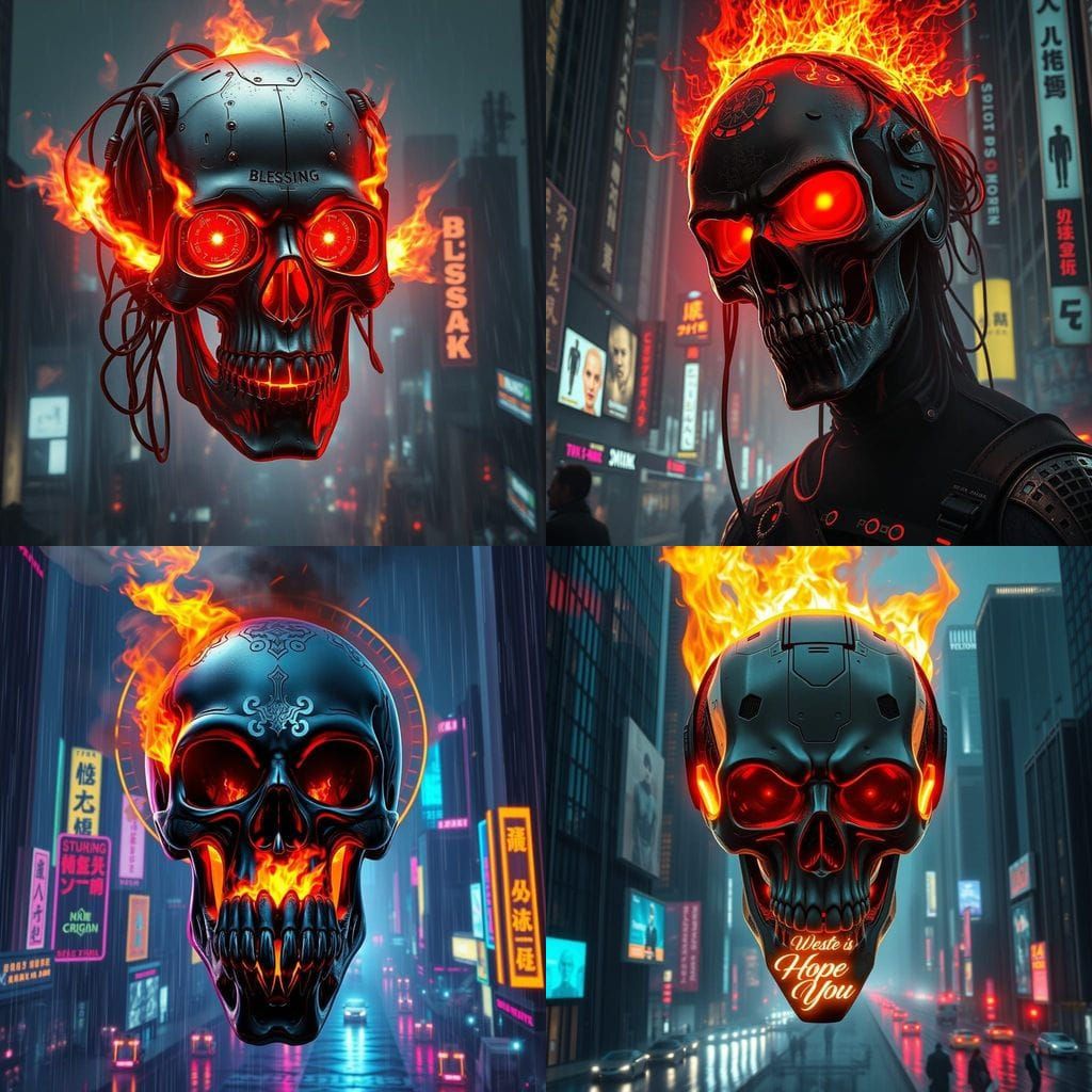 Cyberpunk Skull Brings Fiery Blessings in Neon Glory