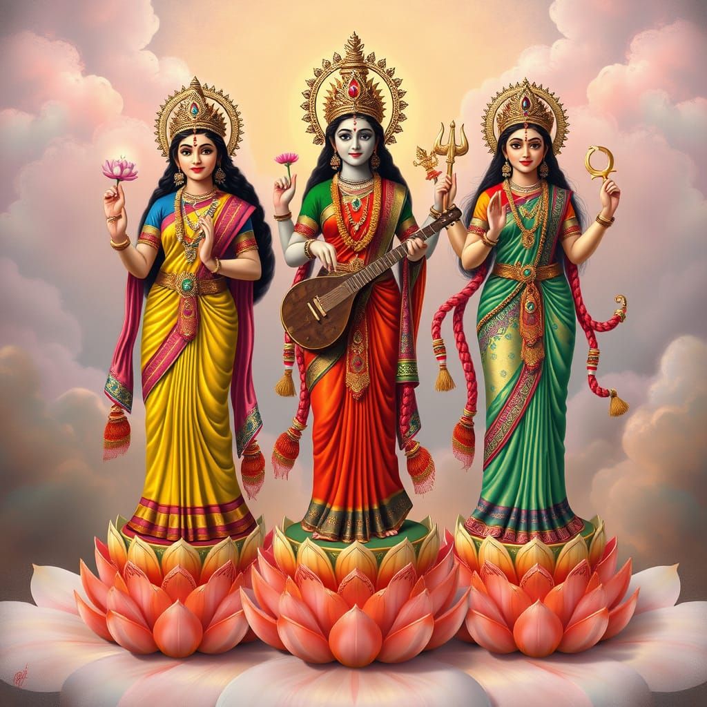 Hindu Goddesses Lakshmi, Saraswati, and Parvati on Lotus Ped...
