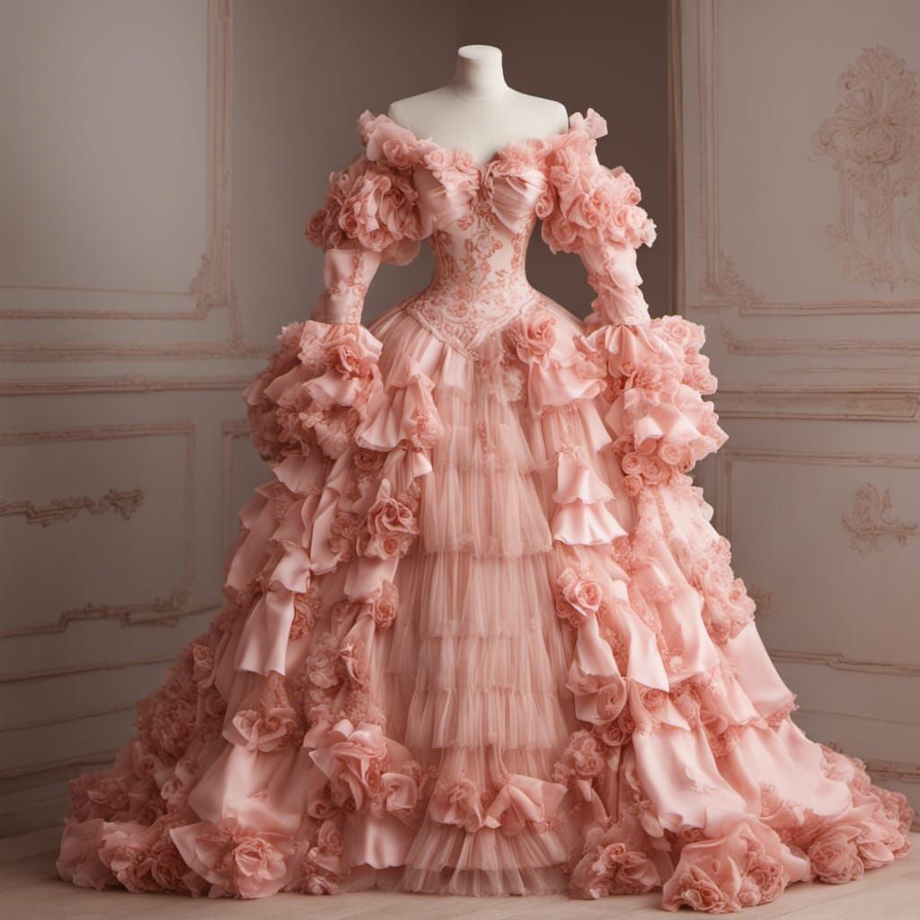 Pink Rococo Dress with Roses on Dress Form