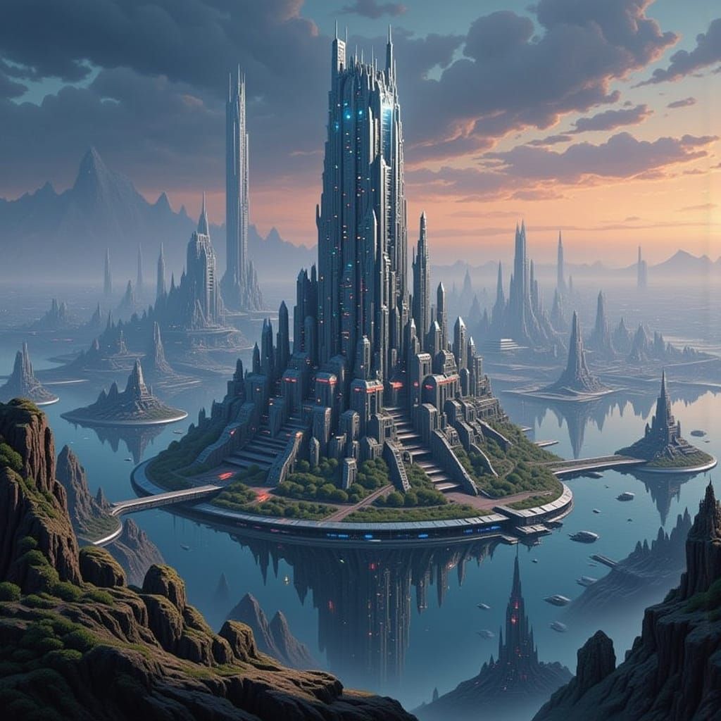 Epic Sci-Fi Cityscape Overlooking Futuristic Merc Lake