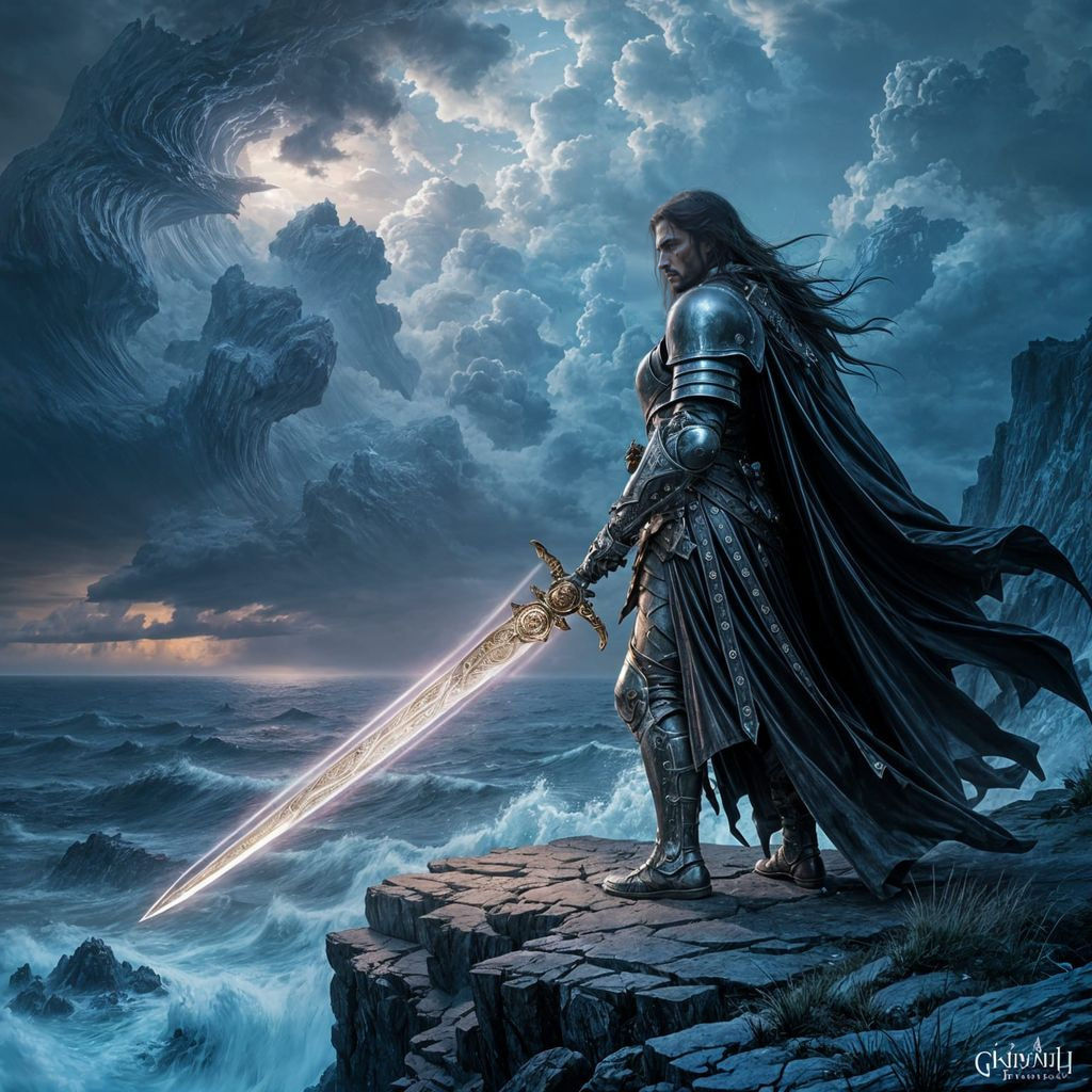 Lone Knight on Cliff Overlooking Stormy Sea