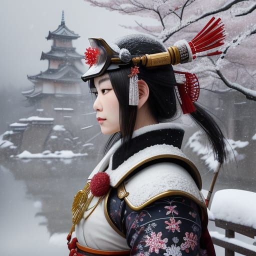 Elegant Samurai Lady Guards Feudal Japan Castle in Snowy Uki...