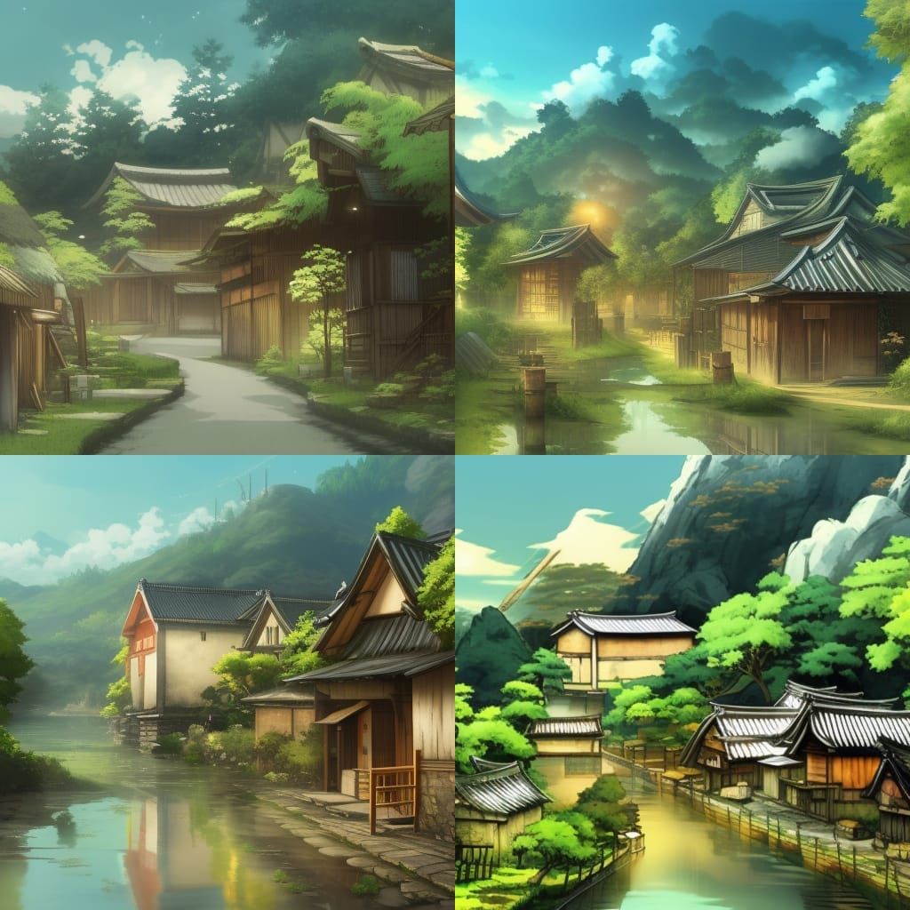 Dark Fantasy Japanese Village in Anime Style