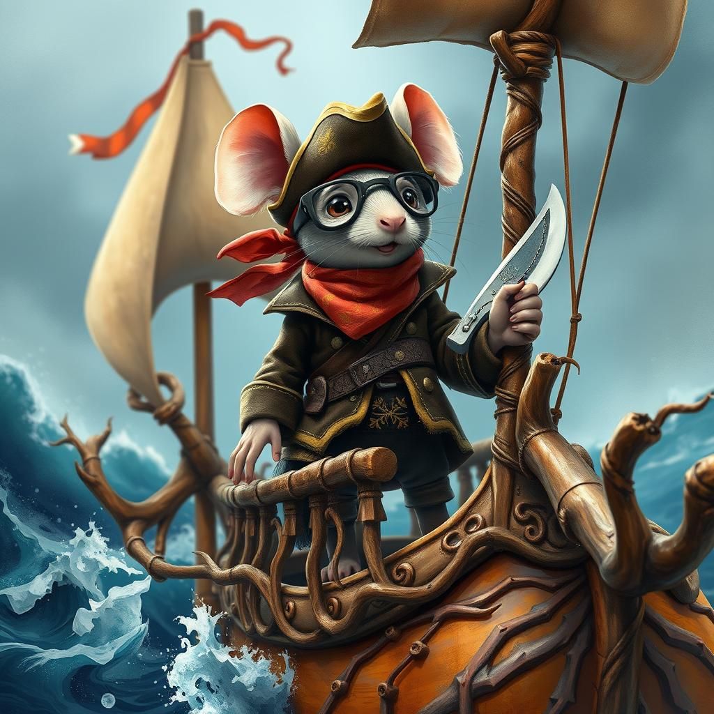 Mouse Pirate on Gourd Ship: 3D Anime Watercolor
