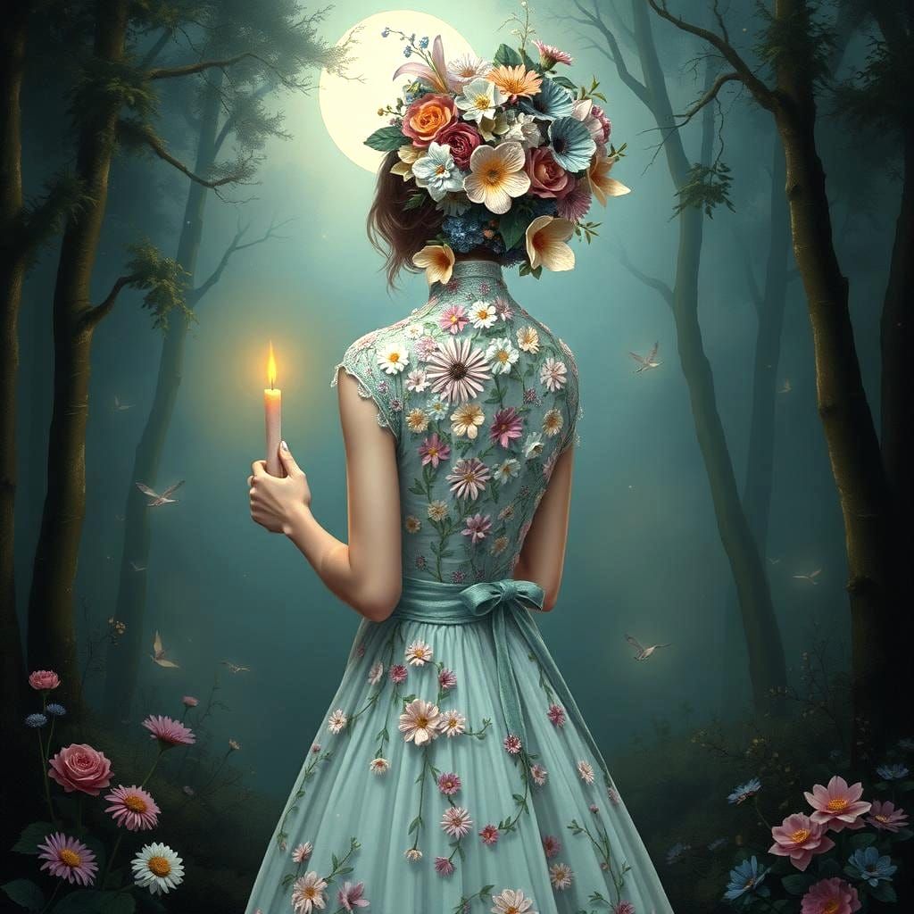 Ethereal Flower Woman in Moonlit Forest