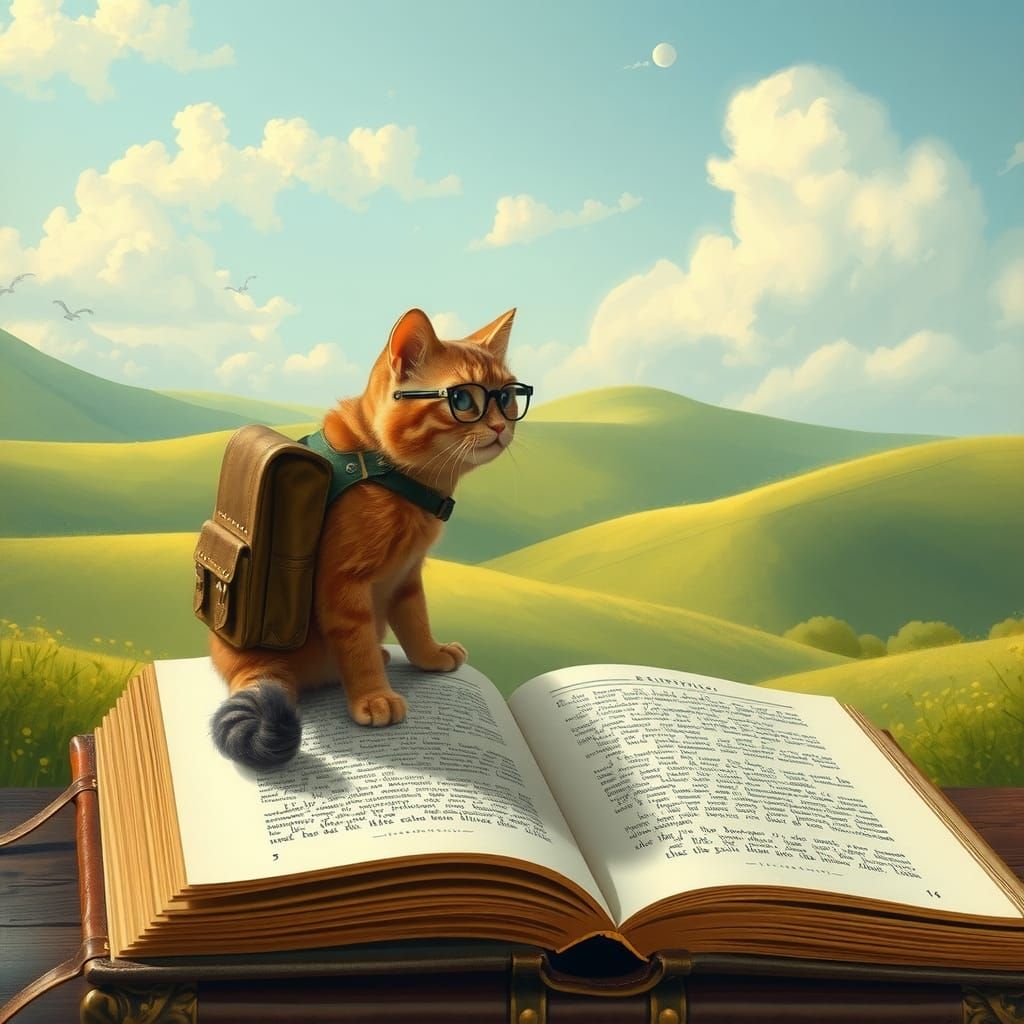 Cat Jumps Into Storybook Landscape, Arthur Rackham Style