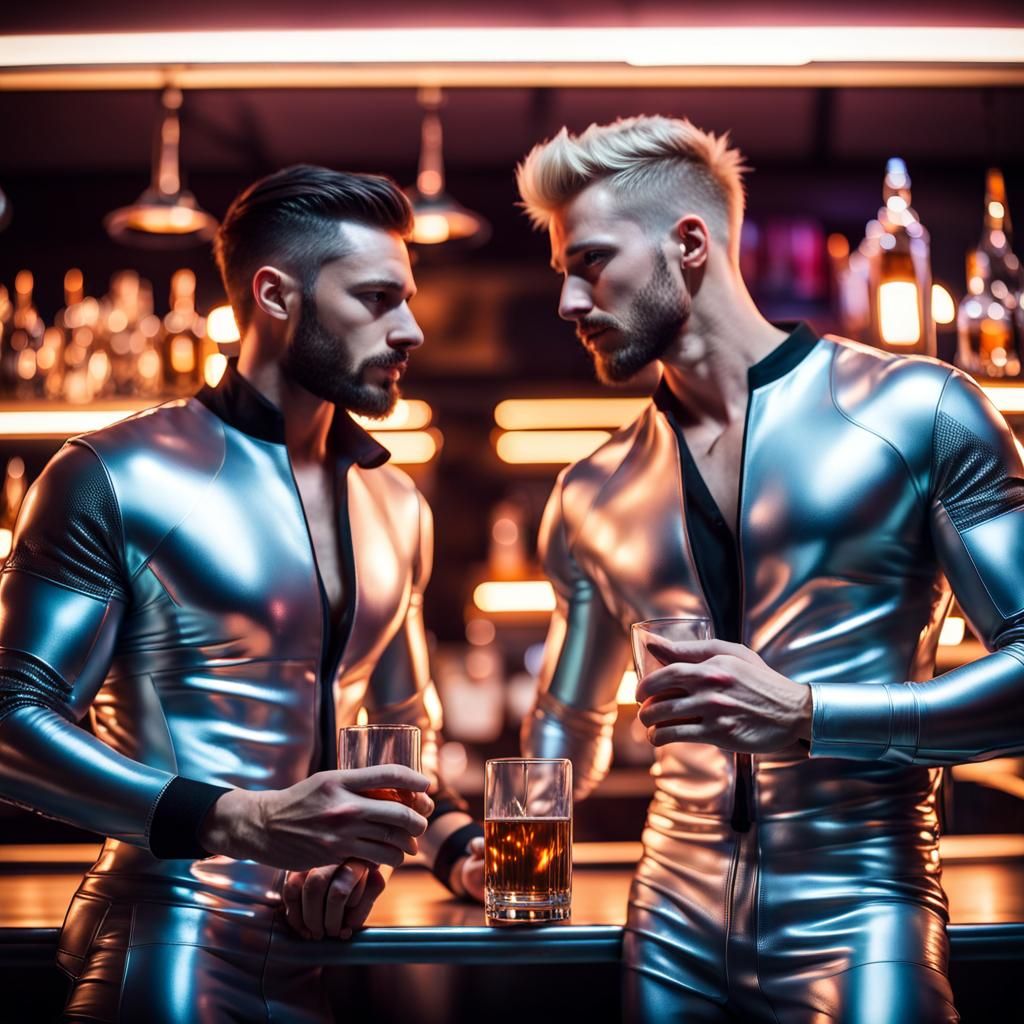 Futuristic Gay Bar Scene with Muscular Men
