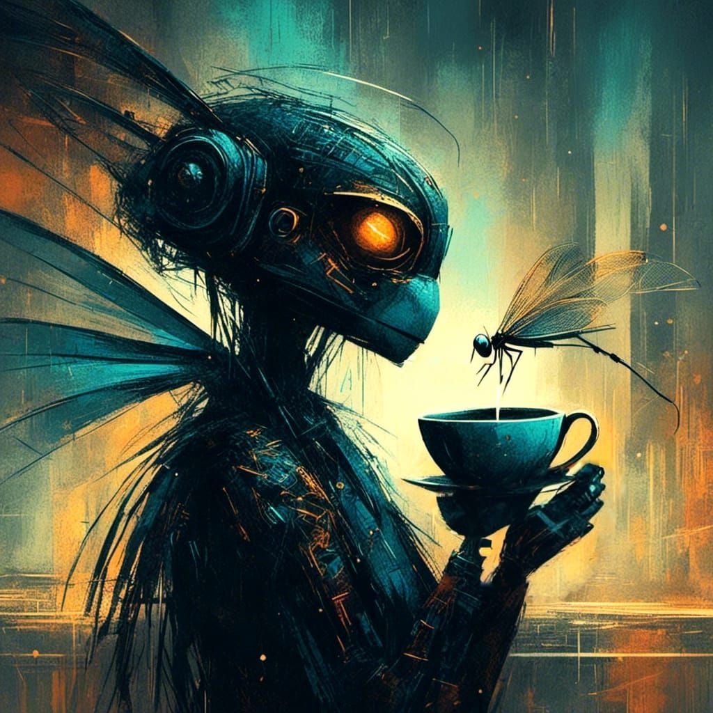 Cyberpunk Dragonfly Drinks Coffee in Night City