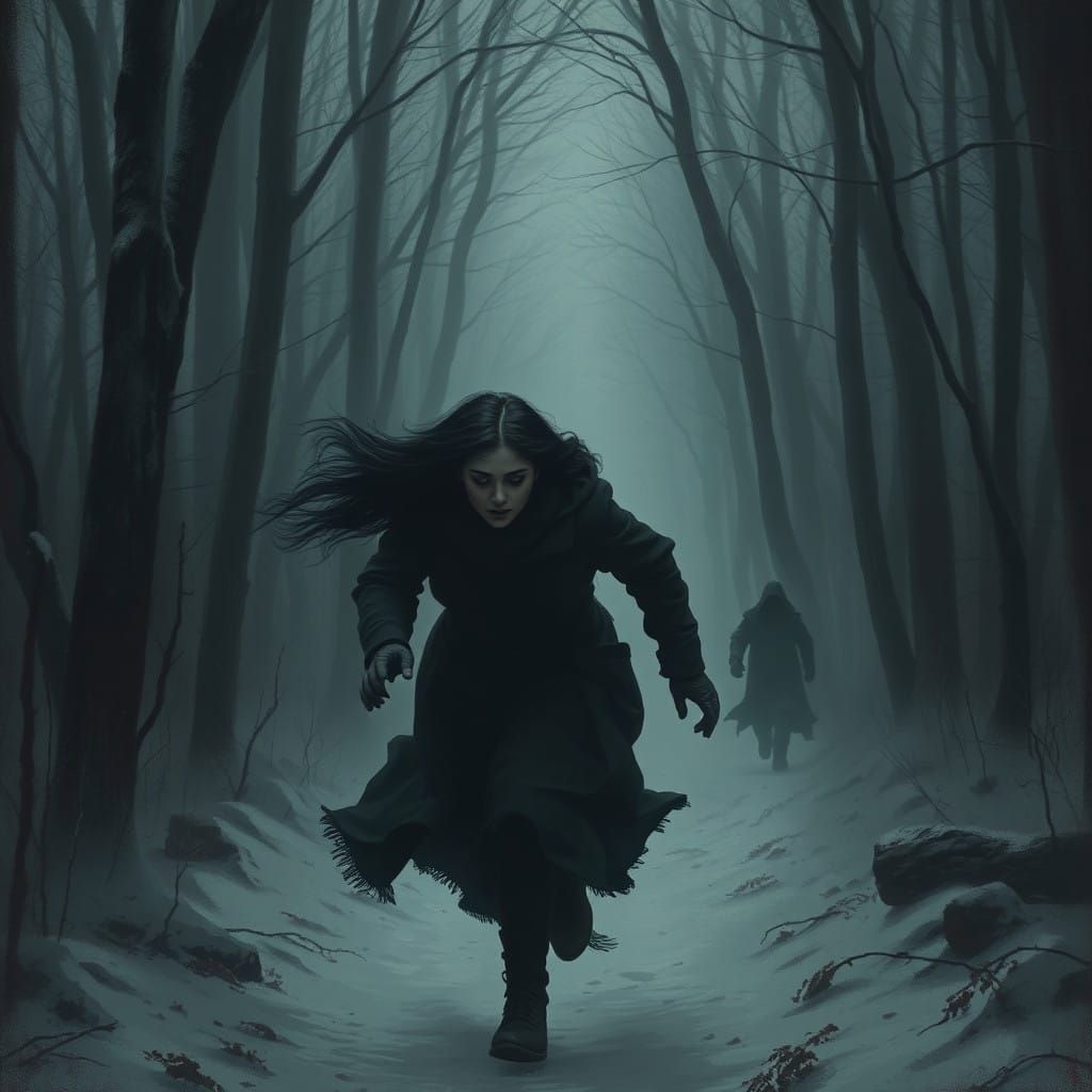 Ethereal Woman Flees from Ominous Shadows in Haunted Winter ...